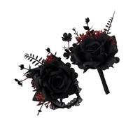 Mobestech Gothic Wedding Accessories Set - Black Victorian Punk Wrist Corsage and Dark Romantic Boutonniere for Bride and Groom, Halloween Bridal Floral Decoration