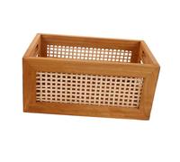 Mobestech Rustic Wood Storage Box Bamboo Woven Organizer Basket for Books Snacks Makeup Sundries Rectangular Vintage Style Decorative Storage Crate for Kitchen Pantry Bedroom Desk