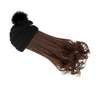 Mobestech Winter Warm Crochet Hat with Detachable Long Wavy Hair Wig Set for Women, Black Knitted Beanie with Light Brown Long Hair Extensions, Suitable for Cold Weather and Party Use
