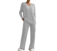 Mobeur 2 Pieces Tracksuit Ribbed Knit Full Set Ladies Winter Pjs Sets Co Ord Sets for Women V Neck Long Sleeve Jumper and Wide Leg Pants with Pockets Solid Color Leisure Suits Nightwear