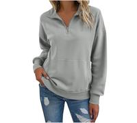 Mobeur Half Zip Sweatshirt Women Long Sleeve V Neck Warm Pullover Tops Relaxed Fit Comfort Jumper Solid Color Casual Sport Hoodie Autumn Winter Trendy Sweatshirts with Pocket Gray