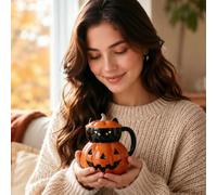 Mobeur Halloween Embossed Pumpkin Cat Ghost Ceramic Coffee Mug with Lid