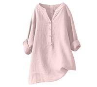 Mobeur Plus Size Tops for Women Spring Summer Casual V Neck Button Up Shirts Loose Cotton Linen Cosy Blouse Plain Oversized Long Sleeve Vacation Shirt Trendy Ladies Shirts and Blouses