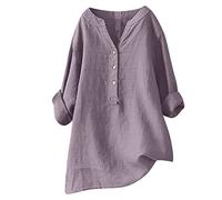 Mobeur Plus Size Tops for Women Spring Summer Casual V Neck Button Up Shirts Loose Cotton Linen Cosy Blouse Plain Oversized Long Sleeve Vacation Shirt Trendy Ladies Shirts and Blouses