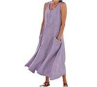 Mobeur Summer Maxi Dresses for Women Casual Crew Neck Sleeveless Linen Long Dress Loose Boho Beach Flowy T-Shirt Dress Floral Print Sundress Oversized Hawaiian Tank with Pockets