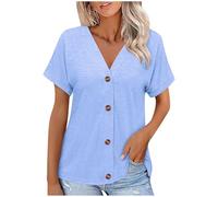 Mobeur Summer Tops for Women Solid Color Button Down Shirt Loose Cozy V Neck Tunic Shirt Lightweight Short Sleeve Cardigan Dressy Casual Blouse T-Shirt Fashion Spring Tops