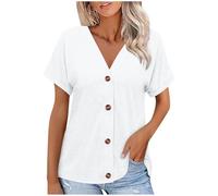 Mobeur Summer Tops for Women Solid Color Button Down Shirt Loose Cozy V Neck Tunic Shirt Lightweight Short Sleeve Cardigan Dressy Casual Blouse T-Shirt Fashion Spring Tops