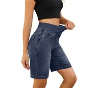 Mobeur Womens Bermuda Jean Shorts Stretch High Waisted Tummy Control Short Leggings Pull On Denim Shorts Solid Color Knee Length Walking Jorts with Pockets Summer Daily & Workout