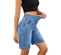 Mobeur Womens Bermuda Jean Shorts Stretch High Waisted Tummy Control Short Leggings Pull On Denim Shorts Solid Color Knee Length Walking Jorts with Pockets Summer Daily & Workout