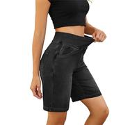 Mobeur Womens Bermuda Jean Shorts Stretch High Waisted Tummy Control Short Leggings Pull On Denim Shorts Solid Color Knee Length Walking Jorts with Pockets Summer Daily & Workout
