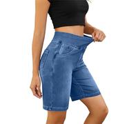 Mobeur Womens Bermuda Jean Shorts Stretch High Waisted Tummy Control Short Leggings Pull On Denim Shorts Solid Color Knee Length Walking Jorts with Pockets Summer Daily & Workout