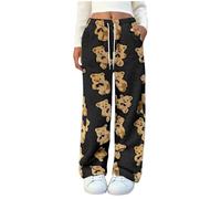 Mobeur Womens Pyjamas Bottoms Drawstring Cute Bear Print Pj Bottom Fluffy Cozy Straight Leg Pajama Trousers Autumn Winter Pjs Pants Elastic Waist Ladies Fleece Trousers Loungewear