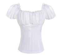 Mobeur Women's Renaissance Tops Off Shoulder Puff Short Sleeve Shirt Summer Peasant Tops Vintage Solid Color Medieval Blouse Slim Fit Ruched Bust Shirts Victorian Corset for Party