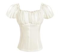 Mobeur Women's Renaissance Tops Off Shoulder Puff Short Sleeve Shirt Summer Peasant Tops Vintage Solid Color Medieval Blouse Slim Fit Ruched Bust Shirts Victorian Corset for Party