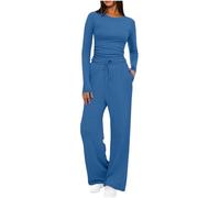Mobeur Womens Tracksuit Set Two Piece Outfits Stretch Long Sleeve Crop Top and Drawstring Elastic Waist Wide Leg Trouser Solid Color Lounge Sets Y8k Outfits Ladies Yoga Trousers Suit