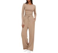 Mobeur Womens Tracksuit Set Two Piece Outfits Stretch Long Sleeve Crop Top and Drawstring Elastic Waist Wide Leg Trouser Solid Color Lounge Sets Y39k Outfits Ladies Yoga Trousers Suit