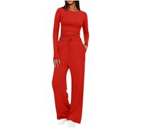 Mobeur Womens Tracksuit Set Two Piece Outfits Stretch Long Sleeve Crop Top and Drawstring Elastic Waist Wide Leg Trouser Solid Color Lounge Sets Y39k Outfits Ladies Yoga Trousers Suit