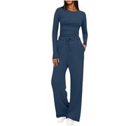 Mobeur Womens Tracksuit Set Two Piece Outfits Stretch Long Sleeve Crop Top and Drawstring Elastic Waist Wide Leg Trouser Solid Color Lounge Sets Y39k Outfits Ladies Yoga Trousers Suit