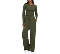Mobeur Womens Tracksuit Set Two Piece Outfits Stretch Long Sleeve Crop Top and Drawstring Elastic Waist Wide Leg Trouser Solid Color Lounge Sets Y12k Outfits Ladies Yoga Trousers Suit