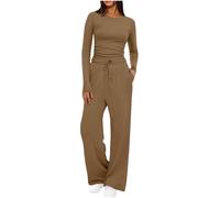 Mobeur Womens Tracksuit Set Two Piece Outfits Stretch Long Sleeve Crop Top and Drawstring Elastic Waist Wide Leg Trouser Solid Color Lounge Sets Y39k Outfits Ladies Yoga Trousers Suit