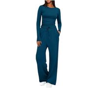 Mobeur Womens Tracksuit Set Two Piece Outfits Stretch Long Sleeve Crop Top and Drawstring Elastic Waist Wide Leg Trouser Solid Color Lounge Sets Y10k Outfits Ladies Yoga Trousers Suit