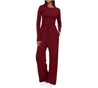 Mobeur Womens Tracksuit Set Two Piece Outfits Stretch Long Sleeve Crop Top and Drawstring Elastic Waist Wide Leg Trouser Solid Color Lounge Sets Y11k Outfits Ladies Yoga Trousers Suit