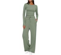 Mobeur Womens Tracksuit Set Two Piece Outfits Stretch Long Sleeve Crop Top and Drawstring Elastic Waist Wide Leg Trouser Solid Color Lounge Sets Y39k Outfits Ladies Yoga Trousers Suit