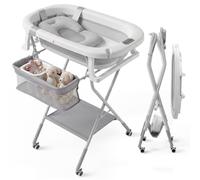 Mobiclinic®, Baby Bath with Stand, Foldable, with Legs and Support, Height Adjustable, 360º Wheels with Brake, Ergonomic Cushion, Drain Tube, Basket and Tray, Compact, Bubba Max