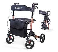 Mobiclinic®, Folding Walker, Seat and Backrest, Up to 136 kg, Rose Gold, Adjustable Height, Rollator, Storage Basket, Cane Holder, Brakes and Safety Lock, Aluminum, Trajano