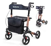 Mobiclinic®, Folding Walker, Seat and Backrest, Up to 136 kg, Rose Gold, Adjustable Height, Storage Basket, Cane Holder, Brakes and Safety Lock, Aluminum, Trajano