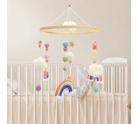 Mobile Baby Cot, Baby Mobile with Rainbow, Stars, Felt Balls, Wooden Hanging Wind Chime, Children's Room Decoration, Cute Newborn Gift for Boys and Girls