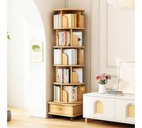 Mobile Bookshelf with Wheels and Drawers, 5 Tier Wooden Bookcase, Corner Tall Shelves, Freestanding, Easy Assembly for Living Room