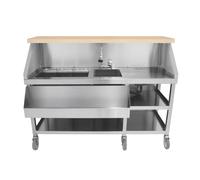 Mobile Cocktail Bar Station Stainless Steel Event Prep Serving Counter Wheels Insulated Ice Wells Shelves Sink Mixer Tap Speed Rail Gastro Pots Knife Holder Whiteboard Boston Shaker Magnets & Erasers 