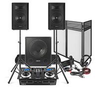 Mobile Disco Setup Complete DJ Package: CD Mixer with Amp, 2x 10” Passive Speakers, Active 15” Subwoofer, DJ Booth, Speaker Stands, Mic, Headphones & Cables - All-In-One PA System for DJs & Events