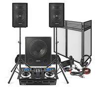 Mobile DJ Setup Package - 2x 8-Inch Passive PA Speakers, 15-Inch Active Subwoofer, Dual CD Mixer with 200W Amp, Foldable DJ Booth & All Essential Accessories for Mobile Disco Sound System