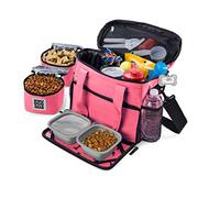 Mobile Dog Gear, Week Away Dog Travel Bag for Small Dogs, Includes Lined Food Carriers and 2 Collapsible Dog Bowl, Pink
