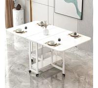 Mobile Folding Dining Table, Extendable Drop Leaf Table with 2 Storage Shelves, Compact Rolling Kitchen Table for Small Spaces, Rectangular Metal Frame Dining Table