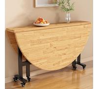 Mobile Folding Round Dining Table - Drop Leaf Design, Extendable Wood Kitchen Table with 6 Wheels, Sturdy Metal Frame, Space-Saving, Supports 400kg 90x75 cm/35x30 in