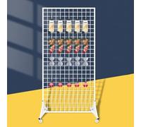 Mobile Grid Wall Display Stand with Wheels - Heavy-Duty Wire Grid Panel Tower for Art & Craft Shows, 70x120CM, White T-Base Design for Easy Setup and Transport.