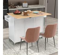 Mobile Kitchen Island with Drop-Leaf Wood Countertop, Rolling Table with 3 Drawers, Breakfast Bar & Spice Rack, Towel Holder for Dining Room, White Finish
