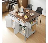 Mobile Kitchen Island with Wheels Rolling Cart with 2 Large Drawers Towel Rack & Spice Rack Adjustable Utility Furniture Oak Wood 121x46x91 cm White