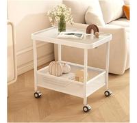 Mobile Kitchen Trolley on Wheels Rolling Island Side Table Double Layer Storage Rack with Glass Top White Snack Cart for Dining and Entertaining