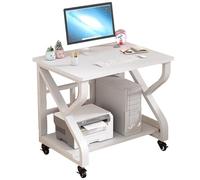 Mobile Laptop Desk With Wheels - 2-Tier Solid Wood & Steel Workstation For Bedroom, Compact Study Table For Small Spaces(White color,75 * 55 * 75cm)