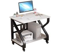 Mobile Laptop Desk With Wheels - 2-Tier Solid Wood & Steel Workstation For Bedroom, Compact Study Table For Small Spaces(Black+white,60 * 55 * 75cm)