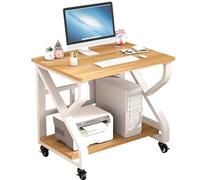 Mobile Laptop Desk With Wheels - 2-Tier Solid Wood & Steel Workstation For Bedroom, Compact Study Table For Small Spaces(White+wood,75 * 55 * 75cm)