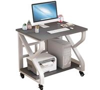 Mobile Laptop Desk With Wheels - 2-Tier Solid Wood & Steel Workstation For Bedroom, Compact Study Table For Small Spaces(White+gray,60 * 55 * 75cm)