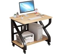 Mobile Laptop Desk With Wheels - 2-Tier Solid Wood & Steel Workstation For Bedroom, Compact Study Table For Small Spaces(Black+light wood,75 * 55 * 75cm)