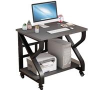 Mobile Laptop Desk With Wheels - 2-Tier Solid Wood & Steel Workstation For Bedroom, Compact Study Table For Small Spaces(Black+gray,60 * 55 * 75cm)