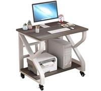 Mobile Laptop Desk With Wheels - 2-Tier Solid Wood & Steel Workstation For Bedroom, Compact Study Table For Small Spaces(White+Grey Oak,75 * 55 * 75cm)