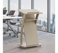 Mobile Lectern Podium Stand with Wheels Solid Wood Portable Pulpit Adjustable Floor Standing Speech Desk Multi-functional Church Reception Podium with Storage Compartments
